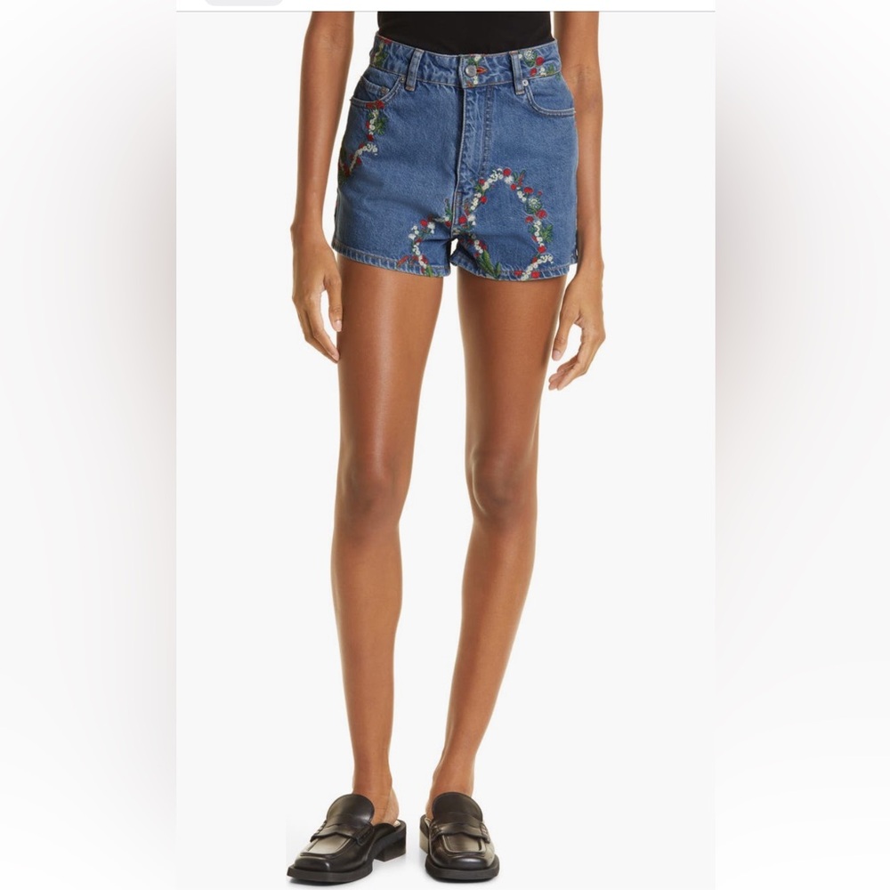 Ganni Blue Jean Shorts with Floral Embroidery